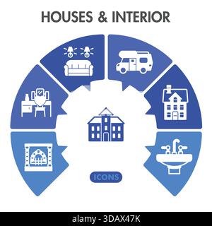 Sammlung von Innenräumen oder Skizzen des Hauses. Ikonen im Innendesign in Glyphen-Symbolen für Web und App. Vektorgrafiken isoliert auf weißem Hintergrund Stock Vektor