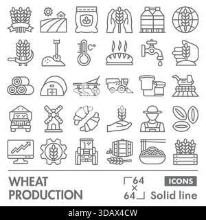 Sammlung oder Skizzen der Weizenproduktion. Symbole für Produktthemen in Linienschildern für Web und App. Vektorgrafiken isoliert auf weißem Hintergrund Stock Vektor