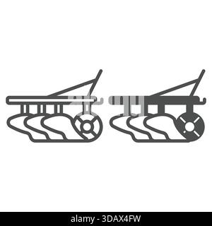 Pflug mit drei Teilen, Radlinie und festem Symbol, Weizenproduktion Konzept. Vektorgrafiken. Graben auf dem Bauernhof, Schild mit Pflügen auf weißem Hintergras Stock Vektor
