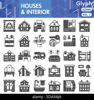 Sammlung von Innenräumen oder Skizzen des Hauses. Ikonen im Innendesign in Glyphen-Symbolen für Web und App. Vektorgrafiken isoliert auf weißem Hintergrund Stock Vektor