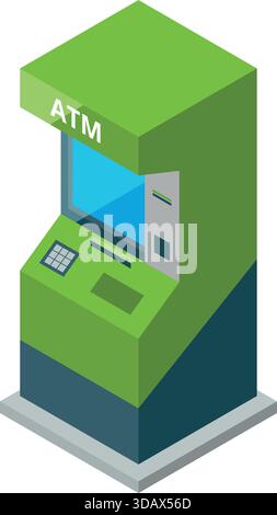 Ein grüner Geldautomat mit blauem Bildschirm, auf dem "geldautomat" steht Stock Vektor