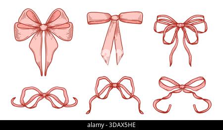 Skurrile Schleife und Band Vektor Illustration für ein niedliches Geschenk oder eine Einladung. Diese rosafarbene und rote Grafik mit einem handgezeichneten Knoten Stock Vektor