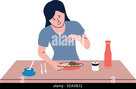 Eine Frau sitzt an einem Tisch mit einem Teller Essen vor sich Stock Vektor