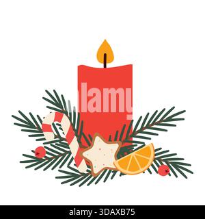 Festliche, weihnachtliche, Adventskerze mit Tannenzweigen, Zuckerrohr, Orangen- und Beerenscheibe dekoriert; gemütliche Feiertagsanordnung, Winterdekoration Stock Vektor