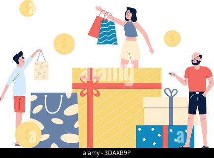 Eine Gruppe von Menschen hält Einkaufstaschen und Münzen in der Hand Stock Vektor