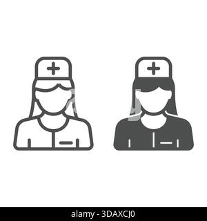 Krankenschwester mit medizinischer Kreuzhutlinie und solidem Symbol, menschliches Rettungskonzept. Vektorgrafiken. Sanitäter-Avatar-Profilschild auf weißem Hintergrund, outl Stock Vektor