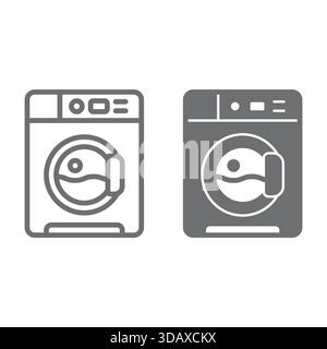 Waschmaschinenlinie und Symbol, Wäscheservice-Konzept. Vektorgrafiken. Wasserreiniger für Kleidung, Stoffschild auf weißem Hintergrund, umrissener Stil Stock Vektor