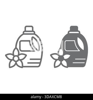 Waschmittelflasche und Blumenlinie und festes Symbol, Wäschekonzept. Vektorgrafiken. Aroma-Shampoo zum Waschen von Kleidung, Stoffschild auf weißem Hintergrund Stock Vektor