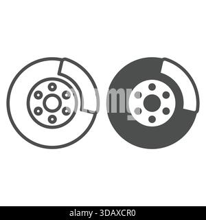 Linie und Symbol der Radbremsscheibe, Servicekonzept für das Fahrzeug. Vektorgrafiken. Teilschild für die Bremsanlage des Fahrzeugs auf weißem Hintergrund, Symbol für Umrissstil Stock Vektor