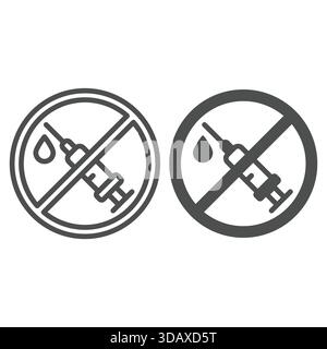 Spritzennadel mit Drop-Ban-Linie und durchgehendem Symbol, Konzept für verbotene Elemente. Vektorgrafiken. Injektion des Impfstoffes verbotenes Schild auf weißem Hintergrund Stock Vektor
