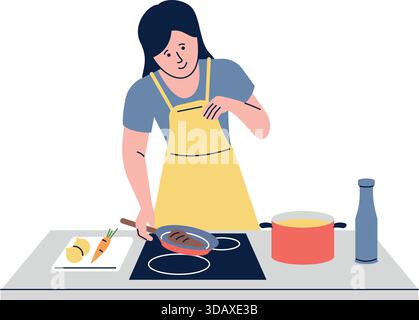 Eine Frau kocht in einer Küche mit einer gelben Schürze Stock Vektor