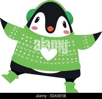 Ein Pinguin mit grünem Pullover und grünem Hut steht Stock Vektor