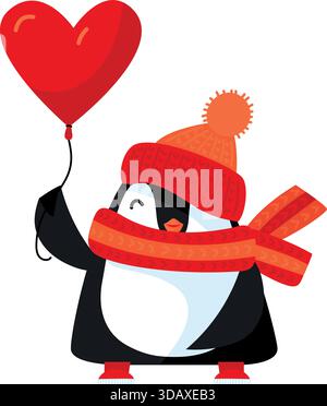 Ein Pinguin mit rotem Hut und Schal, der einen roten Ballon hält Stock Vektor