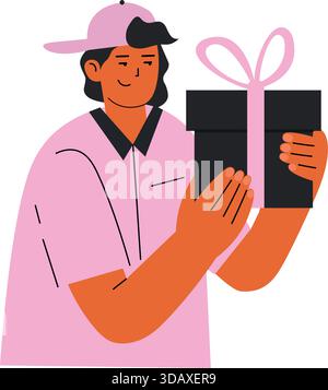 Ein Mann in einem rosa Hemd hält eine schwarze Box mit einem rosa Band Stock Vektor