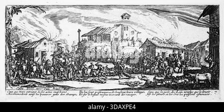 Kupferstich von Soldaten, die Beute nehmen, aus dem Buch The Elend and Misfortunes of war.von Jacques Callot (1592–1635), Adliger von Lothringen, veröffentlicht in den Niederlanden, 1730 Stockfoto