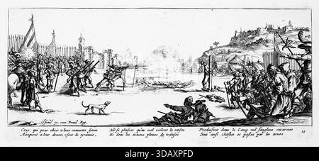 Kupferstich einer Hinrichtung durch Erschießungskommando aus dem Buch The Elends and Misfortunes of war.von Jacques Callot (1592–1635), Adliger von Lothringen, veröffentlicht in den Niederlanden, 1730 Stockfoto