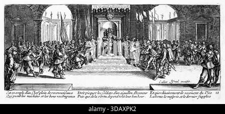 Kupferstich einer Friedenskonferenz aus dem Buch The Elend and Misfortunes of war. Von Jacques Callot (1592–1635), Adliger von Lothringen, veröffentlicht in den Niederlanden, 1730 Stockfoto