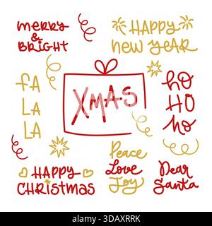Handgezeichnetes Weihnachtsschriftenset. Rot und Gold. Vektorillustration, flache Ausführung Stock Vektor