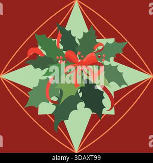 Elegantes nahtloses Weihnachtsmuster mit stechpalmenblättern, roten Beeren und goldenen geometrischen Formen auf dunkelrotem Hintergrund. Perfekt für Dezembertextilien, Geschenkpapier, Überzüge und Urlaubsdekor. Stock Vektor