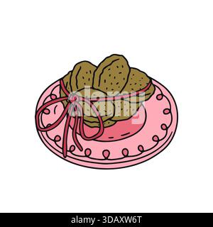 Hand gezeichnete Kritzelkekse auf einem Teller Symbol Clipart Vektor Illustration. Skizzenhafte Konditorei-Kunst Stock Vektor