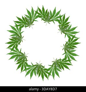Vektor-Cannabis-Blattkranz in einem dichten kreisförmigen Ring auf weißem Hintergrund. Geeignet für medizinische Cannabis- und cbd-Produktverpackungen und -Etiketten zur Verwendung. Stock Vektor