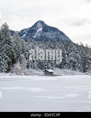 Eine Hütte sitzt im Schnee neben einem See. Die Hütte ist klein und aus Holz und von Bäumen umgeben. Die schneebedeckte Landschaft bildet einen Peak Stockfoto