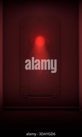 Nahaufnahme einer schweren wasserdichten Tür. Wasserdichte industrielle Tür in einer Meeresumgebung, 3D-Rendering Stockfoto