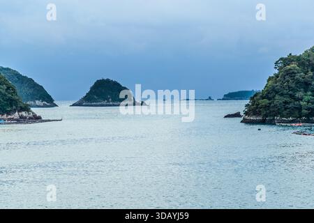 Fischfarmen schweben im Pazifischen Ozean vor den bewaldeten Hügeln von Nachikatsuura. Präfektur Wakayama, Japan Stockfoto