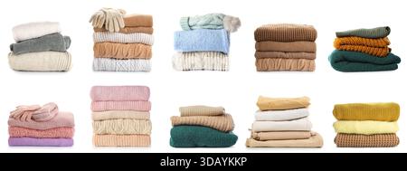Set warmer Strickpullover auf weißem Hintergrund Stockfoto