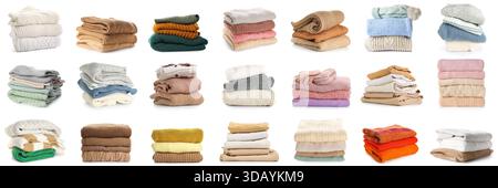 Collage aus warmen Strickpullis auf weißem Hintergrund Stockfoto
