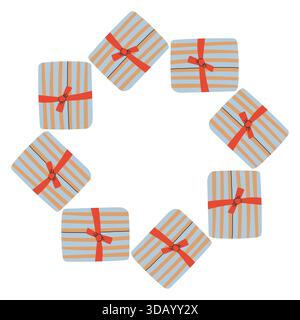 Vektor-Illustration eines runden Rahmens aus Geschenkboxen, die mit Bändern umwickelt sind. Ein festlicher und gemütlicher Feiertagsrand, perfekt für Weihnachtskarten Stock Vektor