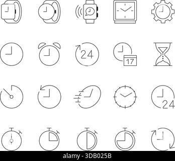 Zeit und Uhr dünne Linien Symbole eingestellt. Vektorumrisssymbole für Uhr, Alarm, Zeitplan, Deadline, Sanduhr, und Zeitmanagement-Konzepte. Stock Vektor