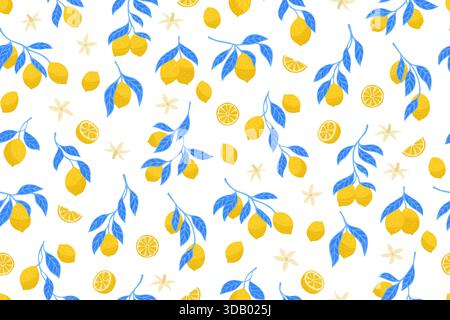 Leuchtendes, nahtloses Muster für Zitronen. Verschiedene Blütenzweige botanischer grenzenloser Hintergrund. Dekorative Früchte saftige Zitrusfrüchte endloses Design für Papierdruck, Stoff Textil, Geschenkpapier Hintergrund Vorlage Stock Vektor