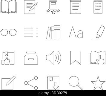 E-Book Reader und Online Education dünne Linien-Symbole gesetzt. Vektorkontursymbole für digitales Lesen, Bibliothek, Literatur und Wissen. Stock Vektor