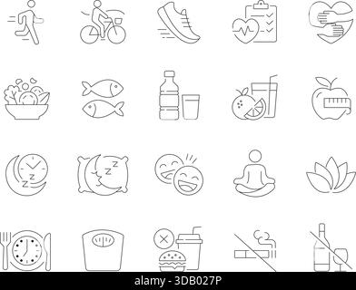 Gesunder Lebensstil und Wellness Thin Line Icons Set. Vektor-Umrisssymbole für Ernährung, Fitness, psychische Gesundheit, Schlaf und Diät. Stock Vektor