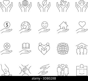 Dünne Linien-Symbole für Wohltätigkeitsorganisationen und Spenden. Vektor-Outline-Symbole für Freiwilligentätigkeit, Geben, Community-Unterstützung und Social Good. Stock Vektor