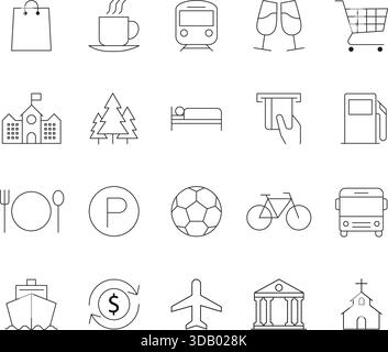 Symbole für dünne Linien für Karte und Position festgelegt. Vektorkontursymbole für GPS-Navigation, Reise, Transport, Stadt und Points of Interest. Stock Vektor