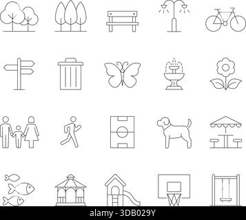 Park- und Outdoor-Freizeitsymbole in dünner Linie. Vektorsymbole für öffentlichen Raum, Natur, Bank, Spielplatz und Freizeitaktivitäten. Stock Vektor