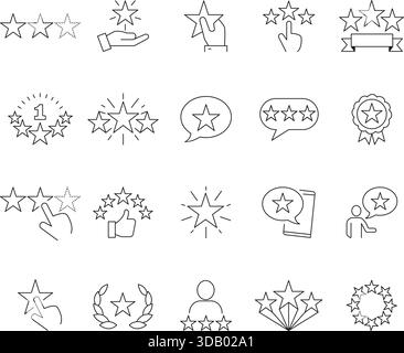 Sternbewertung und Feedback dünne Linien-Symbole gesetzt. Symbole für Vektorumrisse für Prüfung, Qualität, Kundenzufriedenheit und Rangfolge. Stock Vektor