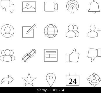 Leitungssymbole Für Soziale Netzwerke Festgelegt. Sammlung von Gliederungssymbolen für Medien, Kommunikation, Community, digitales Marketing und Verbindung. Stock Vektor