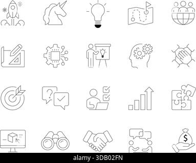 Startup Line Symbole Gesetzt. Sammlung von Gliederungssymbolen für Unternehmensstart, Innovation, Entwicklung, Strategie und Teamwork. Stock Vektor