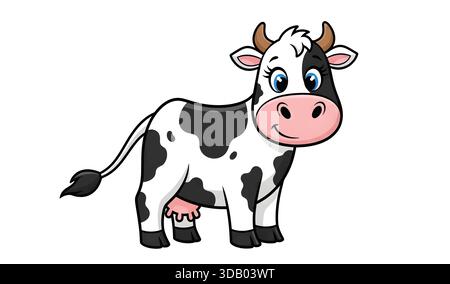 Niedliche gepunktete Schwarz-weiß-Zeichentrick-Milchkuh-Illustration - freundliche Bauernhof-Tier steht mit Euter auf weißem Hintergrund Stock Vektor