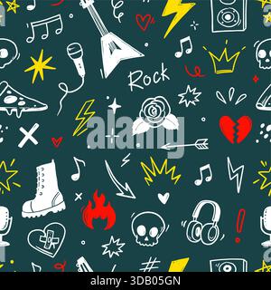 Nahtloses Rockmuster mit Gitarren-, Schädel- und Punksymbolen. Handgezeichnete Doodle-Grunge-Aufkleber mit Sternen, Rosen und Blitzschlägen für Rock Music Festival Hintergrund. Vektorabbildung Stock Vektor