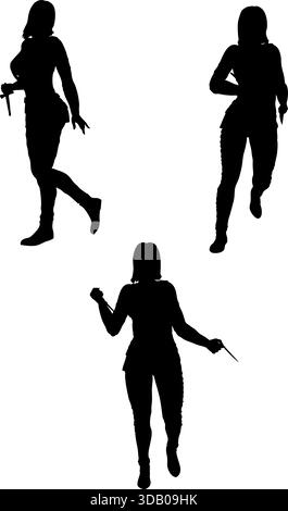 Schwarze Silhouette einer Frau, die ein Messer in der Hand hält und Energie und Bewegung einfängt. Geheimnisvolle, starke und kühne weibliche Figur, perfekt für Themen Stock Vektor