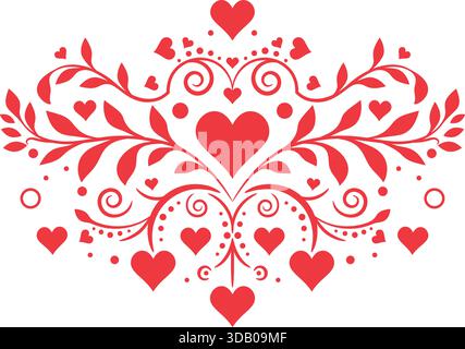 Schönes rotes Blumenschmuck mit Herzformen, Blättern und einer zentralen Blume in einem symmetrischen Muster. Perfekt für Valentinstag, romantisches Auto Stock Vektor