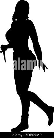 Schwarze Silhouette einer Frau, die ein Messer in der Hand hält und Energie und Bewegung einfängt. Geheimnisvolle, starke und kühne weibliche Figur, perfekt für Themen Stock Vektor