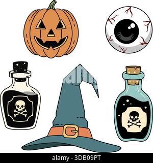 Sammlung von Halloween-Zeichentricksymbolen, darunter eine Jack o Laterne, Hexenhut, gruseliges Auge und Giftflaschen. Perfekt für festliche Designs und Partyeinladungen Stock Vektor