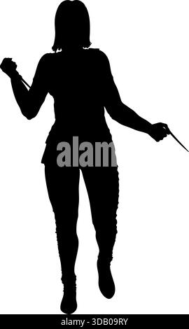 Schwarze Silhouette einer Frau, die ein Messer in der Hand hält und Energie und Bewegung einfängt. Geheimnisvolle, starke und kühne weibliche Figur, perfekt für Themen Stock Vektor