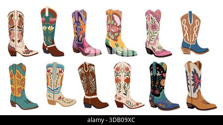 Set aus verschiedenen dekorativen Western Cowboy Stiefeln Stock Vektor