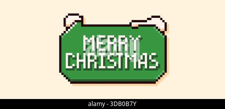 Pixel-Art-Sprechblase mit grünem Hintergrund: Frohe Weihnachten und Schneegipfel. Stock Vektor